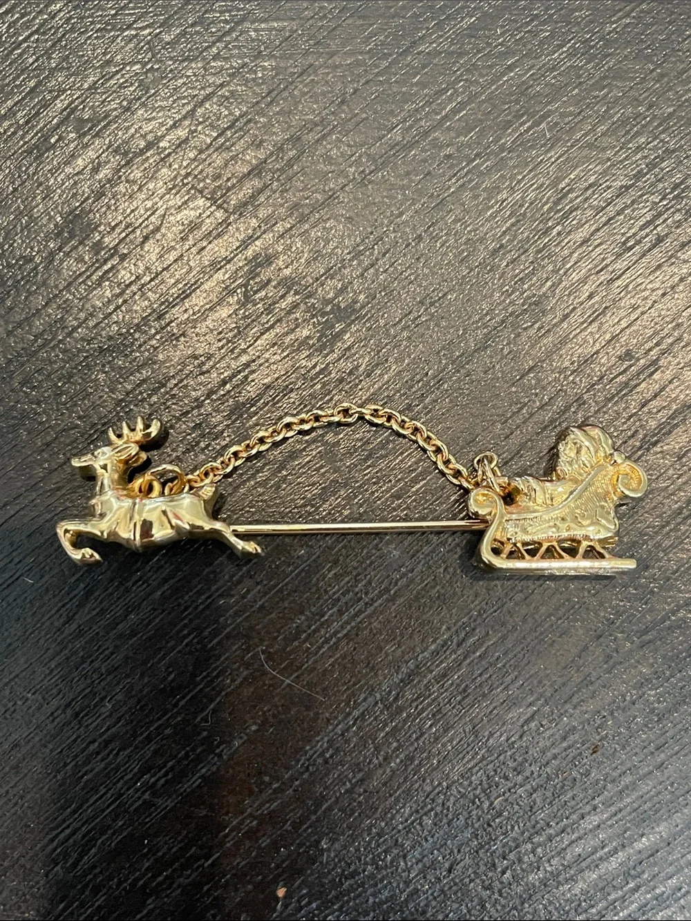 Gold-tone Reindeer and Sleigh Chain Brooch